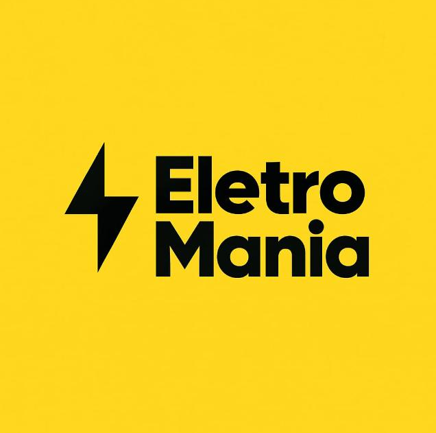 Eletromania Distribuidora - Logo com raio amarelo e preto